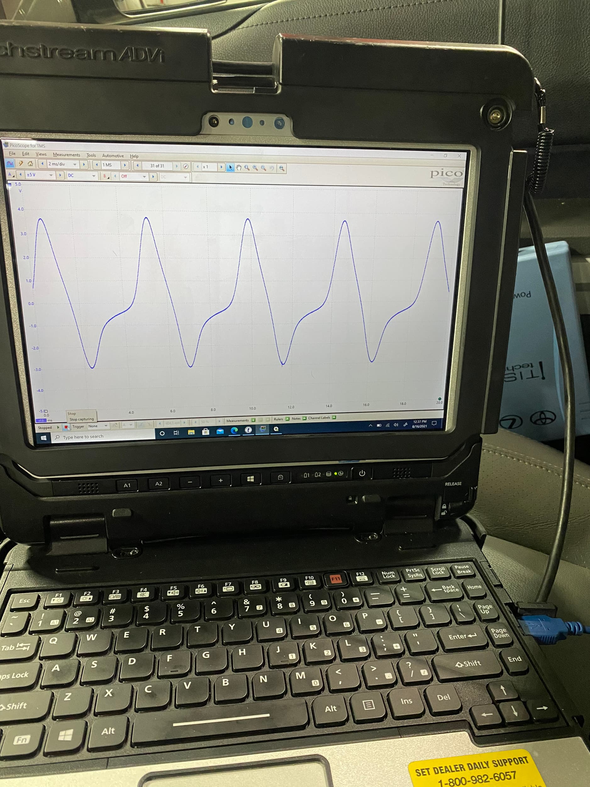 Automotive oscilloscope waveform captured during electrical diagnostics