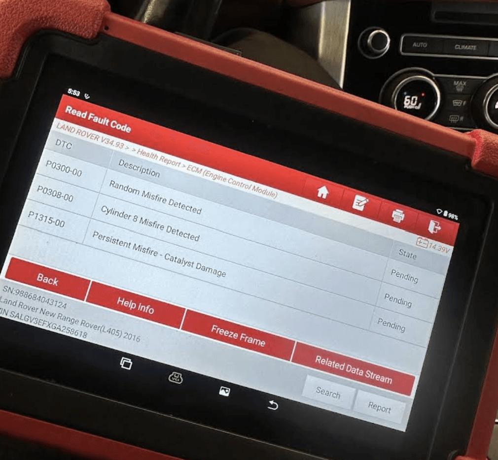 Diagnostic scan tool displaying active misfire fault codes