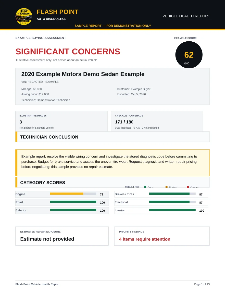 First page of the Flash Point example report, showing its buying assessment, condition score, and technician conclusion